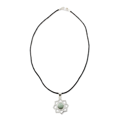Jade pendant necklace, 'Apple Blossom' - Handmade Green Jade and Silver Necklace with Cotton Cord