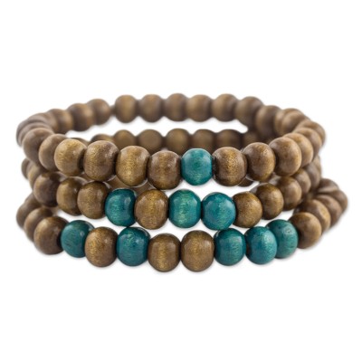 Three Handcrafted Brown and Turquoise Wood Stretch Bracelets