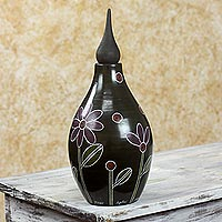 Ceramic decorative jar, 'Cofee Flowers' - Nicaraguan Handcrafted Brown Terracotta Decorative Jar