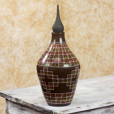 Ceramic decorative jar, 'Star Labyrinth' - Nicaraguan Hand Crafted Terracotta Decorative Jar