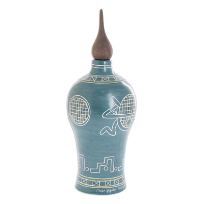 Ceramic decorative jar, 'Pre-Hispanic Monkey' - Nicaraguan Archaeology Turquoise Terracotta Decorative Jar
