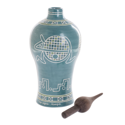 Ceramic decorative jar, 'Pre-Hispanic Monkey' - Nicaraguan Archaeology Turquoise Terracotta Decorative Jar