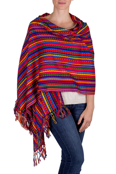 Cotton shawl, 'Valley of Flowers' - Guatemalan Hand Woven Cotton Shawl in Primary Colors
