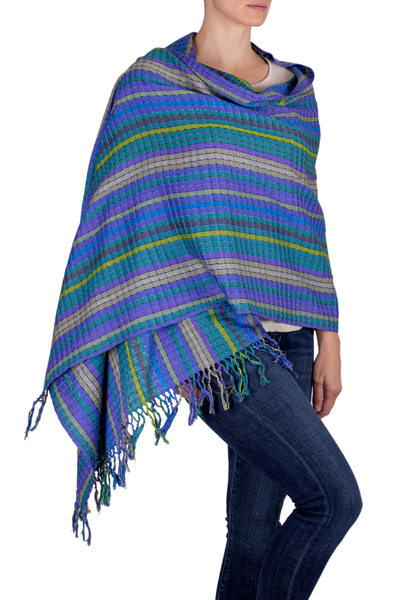 Cotton shawl, 'Valley of Lavender' - Hand Woven Cotton Shawl in Blues and Lilacs