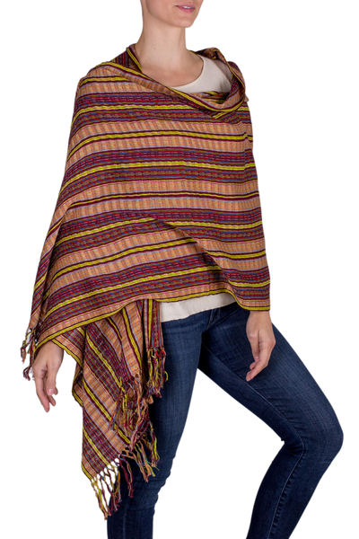 Cotton shawl, 'Valley in the Sun' - Hand Woven Cotton Shawl in Reds and Browns