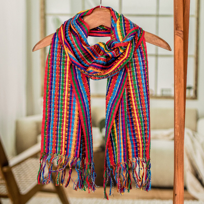 Cotton scarf, 'Valley of Flowers' - Guatemalan Hand Woven Cotton Scarf in Primary Colors