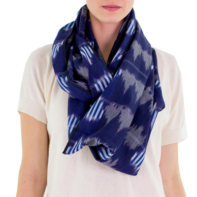 Dark Blue Patterned Infinity Scarf in Hand Woven Cotton