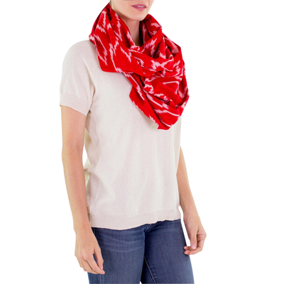 Cotton infinity scarf, 'Ruby Maya' - Red White Patterned Infinity Scarf in Hand Woven Cotton