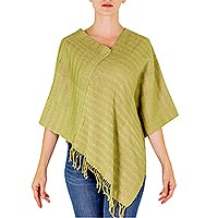 Green Organic Dyes Handwoven Cotton Poncho from Guatemala,'Organic Forest'