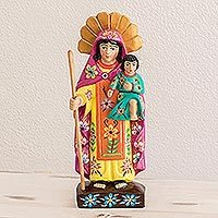 Wood sculpture, 'Mary Help of Christians' - Hand Carved Wood Statue of the Virgin Mary with Little Jesus