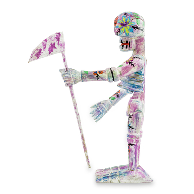 Pinewood sculpture, 'Floral Skeleton' - Guatemalan Handcrafted Pinewood Skeleton Sculpture