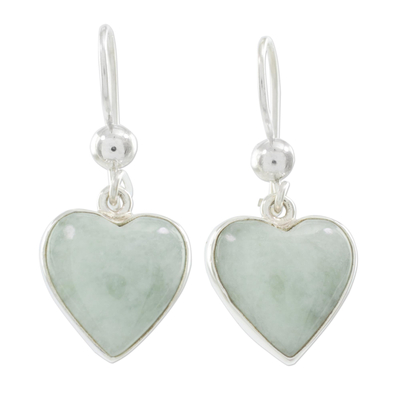 Sterling Silver Heart Earrings with Light Green Jade