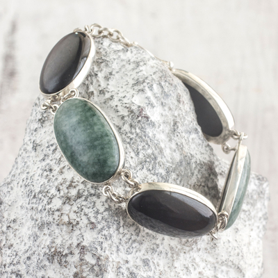 Jade link bracelet, 'Black and Green Tonalities' - Black and Forest Green Jade and Silver Bracelet