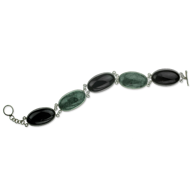 Jade link bracelet, 'Black and Green Tonalities' - Black and Forest Green Jade and Silver Bracelet