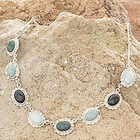 Collar colgante de jade, 'Dalias coloridas' - Collar de plata y jade multicolor hecho a mano en Guatemala
