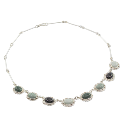 Jade-Anhänger-Halskette, 'Bunte Dahlien'. - Guatemaltekische handgefertigte mehrfarbige Halskette aus Jade und Silber