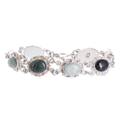 Jade-Gliederarmband, 'Bunte Dahlien'. - Handgefertigtes guatemaltekisches mehrfarbiges Armband aus Jade und Silber