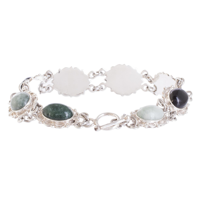 Jade link bracelet, 'Colorful Dahlias' - Guatemalan Hand Crafted Multi Color Jade and Silver Bracelet