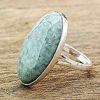 Jade cocktail ring, 'Shades of Green' - Handcrafted Minimalist Forest Green Jade and Silver Ring