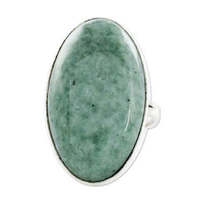 Jade cocktail ring, 'Shades of Green' - Handcrafted Minimalist Forest Green Jade and Silver Ring