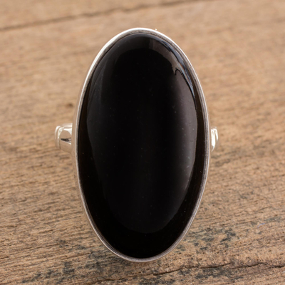 Jade cocktail ring, 'Black Tonalities' - Handcrafted Minimalist Black Jade and Silver Cocktail Ring