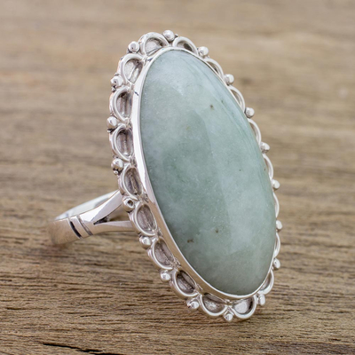 Jade cocktail ring, 'Pale Dahlia' - Guatemalan Hand Crafted Light Green Jade and Silver Ring