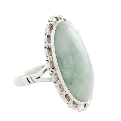 Jade cocktail ring, 'Pale Dahlia' - Guatemalan Hand Crafted Light Green Jade and Silver Ring
