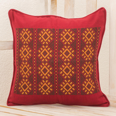 Cotton cushion cover, 'Stars of Solola' - Maya Handwoven Burgundy Cotton Cushion Cover from Guatemala
