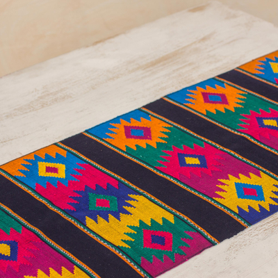 Corredor de mesa de algodón, 'Dazzling Stars' - Corredor de mesa de algodón tejido a mano maya en colores brillantes