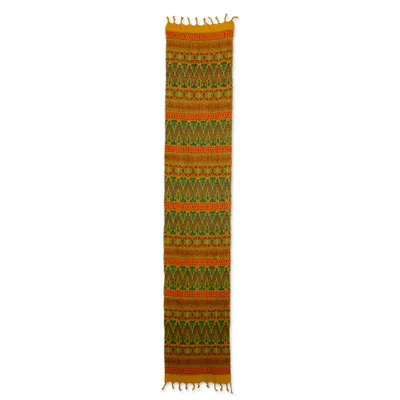 Cotton table runner, 'Guatemala Warmth' - Maya Handwoven Table Runner in Mustard, Green and Red