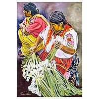 'Cebollas' - Retrato original al óleo sobre lienzo de los comerciantes mayas de Guatemala