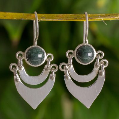 Jade dangle earrings, 'Two Moons' - Fair Trade Sterling Silver and Jade Hand Made Earrings