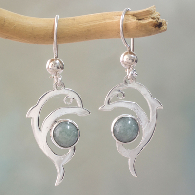 Jade dangle earrings, 'Pale Green Dolphin' - Handmade Silver Dolphin Earrings with Light Green Maya Jade