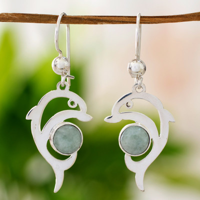 Jade dangle earrings, 'Apple Green Dolphin' - Handmade Silver Dolphin Earrings with Apple Green Maya Jade