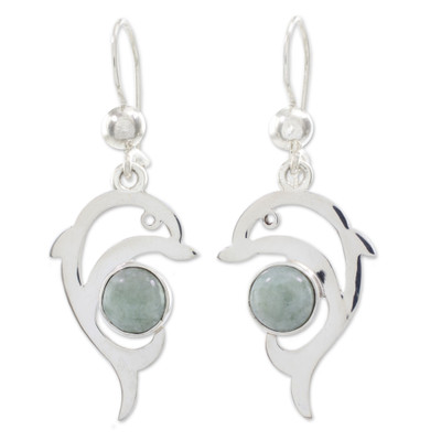 Jade dangle earrings, 'Apple Green Dolphin' - Handmade Silver Dolphin Earrings with Apple Green Maya Jade