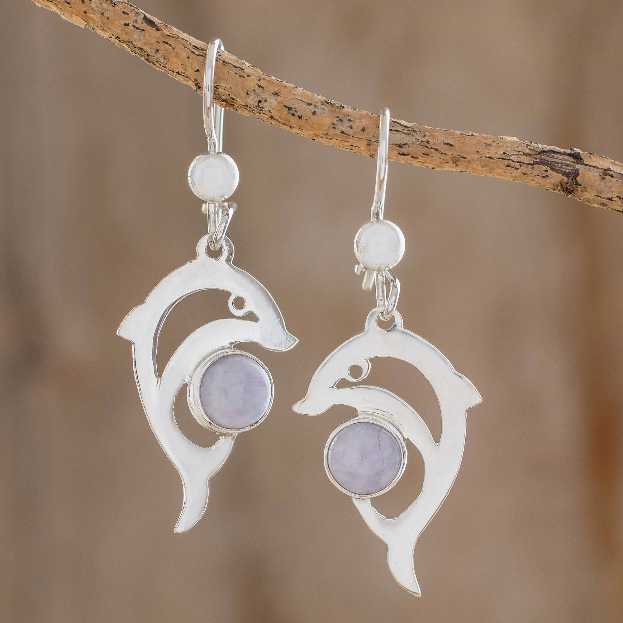 Handmade Silver Dolphin Earrings with Lilac Maya Jade, 'Lilac Dolphin'