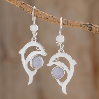 Jade dangle earrings, 'Lilac Dolphin' - Handmade Silver Dolphin Earrings with Lilac Maya Jade