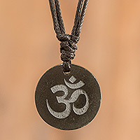 Jade pendant necklace, 'Meditation II' - Jade Om Symbol on Leather Cord Necklace