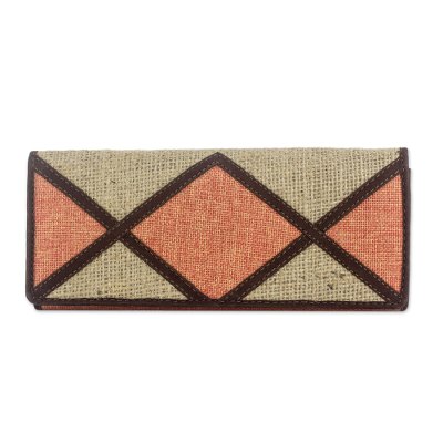 Jute and linen wallet, 'Orange Credit' - Women's Wallet in Jute and Linen with Suede Leather Accents