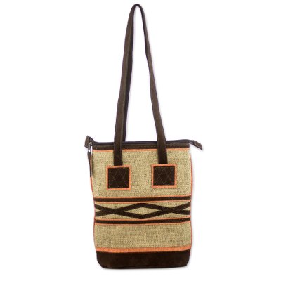 Jute and linen shoulder bag, 'Orange Whisper' - Jute Shoulder Bag with Orange Linen and Brown Suede Accents