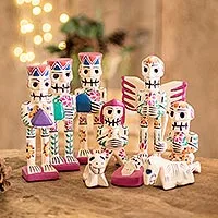 Rustic wood nativity scene, 'Holy Skeletal Night' (set of 9)