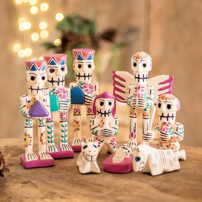 Rustic wood nativity scene, 'Holy Skeletal Night' (set of 9) - Rustic Style Pinewood Hand Crafted Nativity Scene (Set of 9)