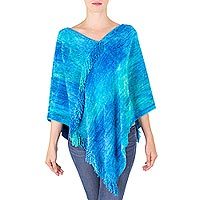 Poncho de mezcla de algodón, 'Magical Lagoon' - Poncho de mezcla de algodón tejido a mano azul