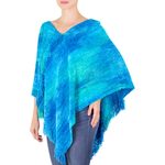 Cotton blend poncho, 'Magical Lagoon' - Blue Hand Woven Cotton Blend Poncho