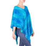 Cotton blend poncho, 'Magical Lagoon' - Blue Hand Woven Cotton Blend Poncho
