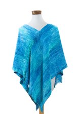 Cotton blend poncho, 'Magical Lagoon' - Blue Hand Woven Cotton Blend Poncho