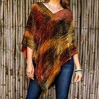 Cotton blend poncho, 'Magical Dusk' - Brown Orange Handmade Cotton Blend Poncho