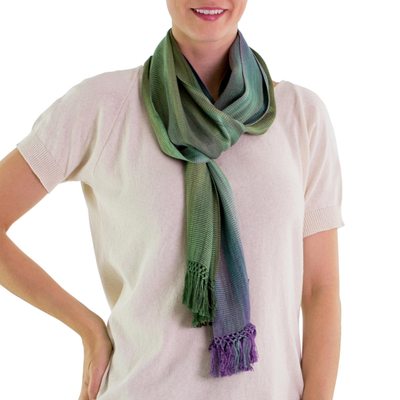 Rayon scarf, 'Iridescent Pastels' - Purple Green Hand Crafted Rayon Scarf