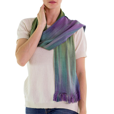 Rayon chenille scarf, 'Iridescent Pastels' - Purple Green Hand Crafted Rayon Chenille Scarf