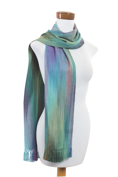Rayon chenille scarf, 'Iridescent Pastels' - Purple Green Hand Crafted Rayon Chenille Scarf